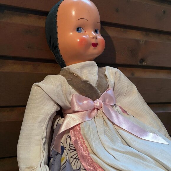 Vintage Polish Sawdust  Folk Art Cloth Doll 14” Cloth Composition Mask Face - Picture 4 of 13